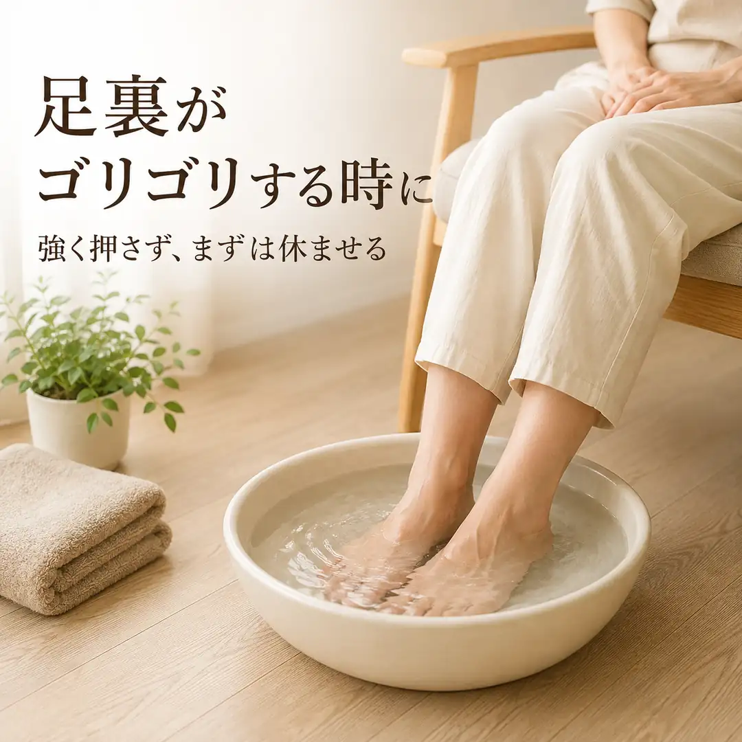 足裏がゴリゴリするように感じる時に足を温めて休ませるセルフケアのイメージ