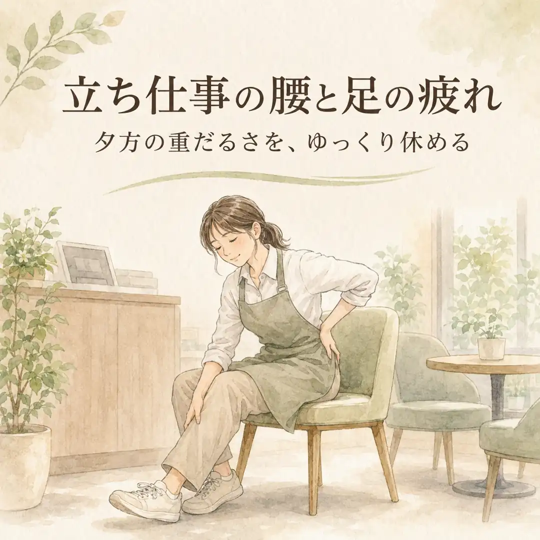 立ち仕事を終えて腰と足の疲れを感じ椅子で休む女性を描いたシエスタ瀬戸西店のイラスト
