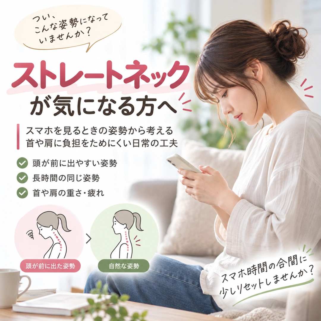 スマートフォンを見るときに頭が前へ出た姿勢と首肩の負担を見直すイメージ