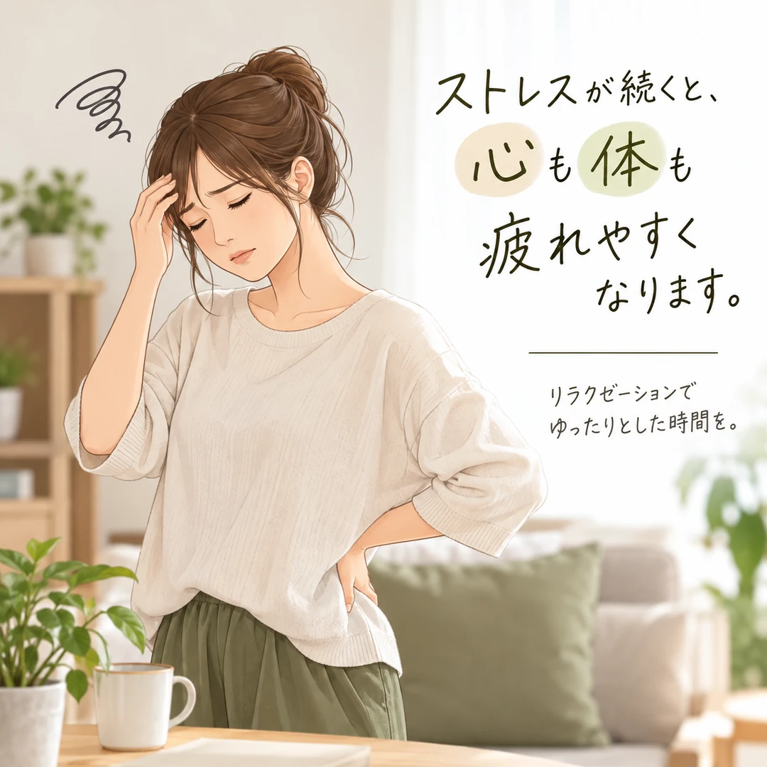 ストレスが続き心と体の疲れを感じている女性のイメージ