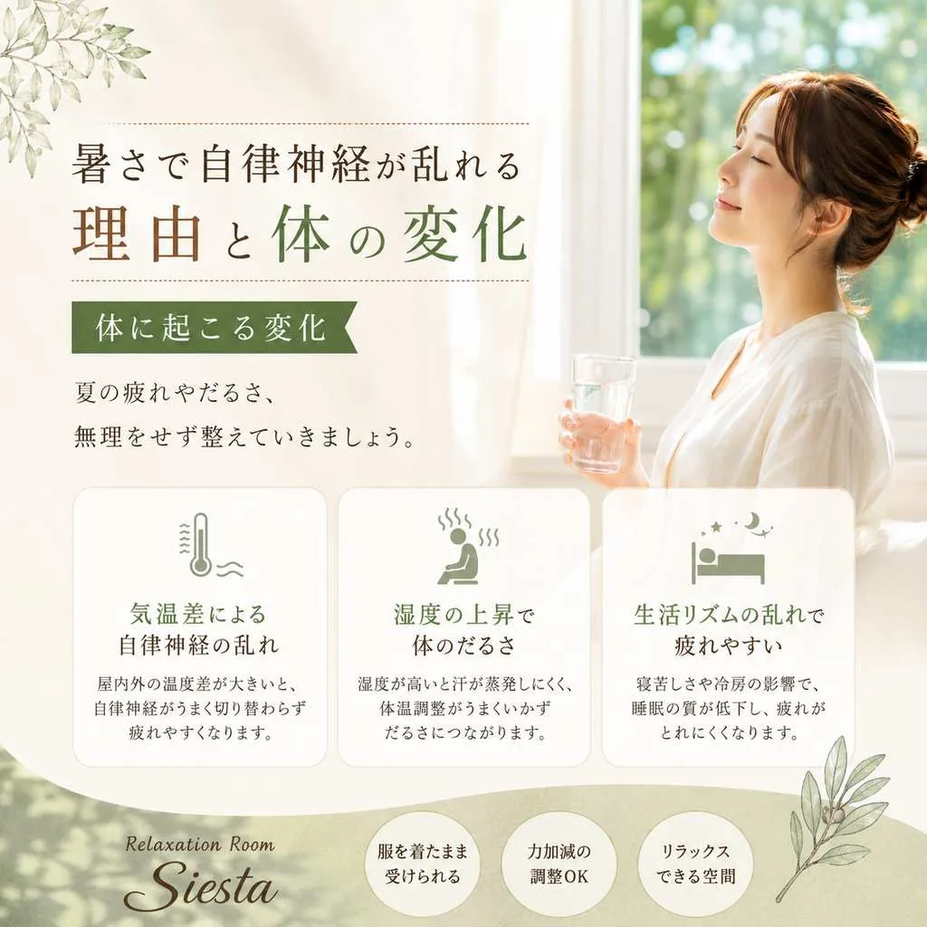 暑さや冷房、寝苦しさが重なる夏の体の変化を紹介するシエスタ瀬戸西店のイメージ