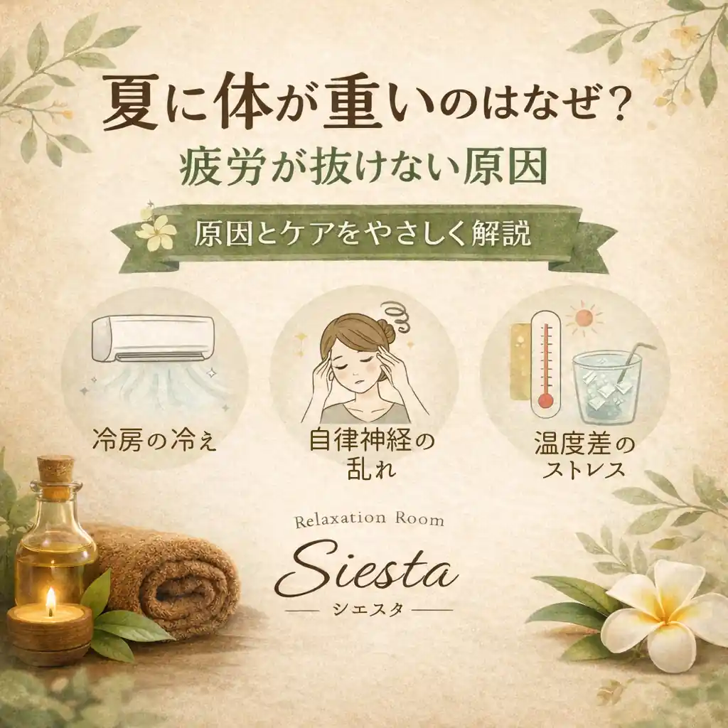 夏に体が重く疲れが抜けないと感じるときの冷房環境や温度差、休み方を紹介するシエスタ瀬戸西店の案内画像