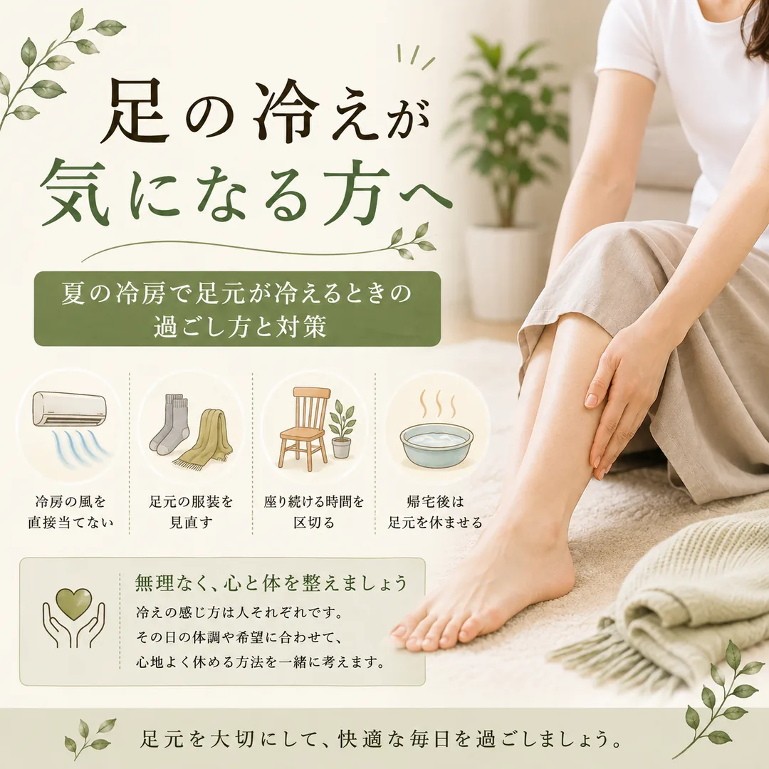 夏の冷房で足元が冷える方へ、冷房の風や服装、座り続ける時間など日常の過ごし方を紹介するイメージ画像