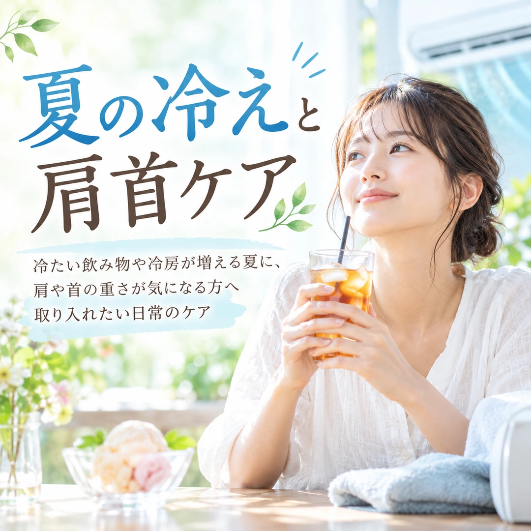 冷たい飲み物や冷房が増える夏の肩や首のケアについて紹介するイメージ