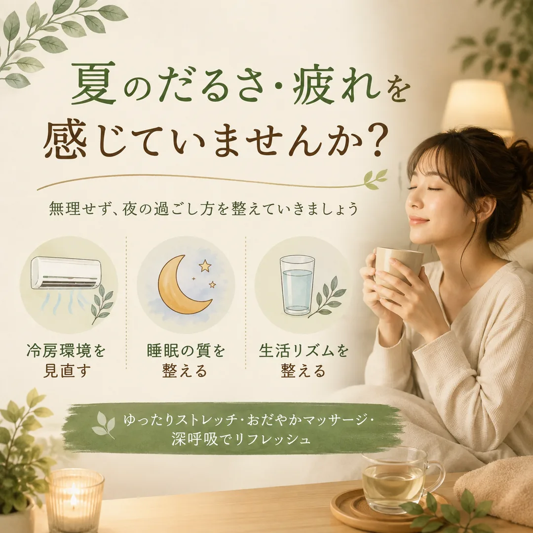夏の疲れを翌日に残しにくくするための冷房環境や睡眠、夜の過ごし方を紹介するシエスタ瀬戸西店のイメージ