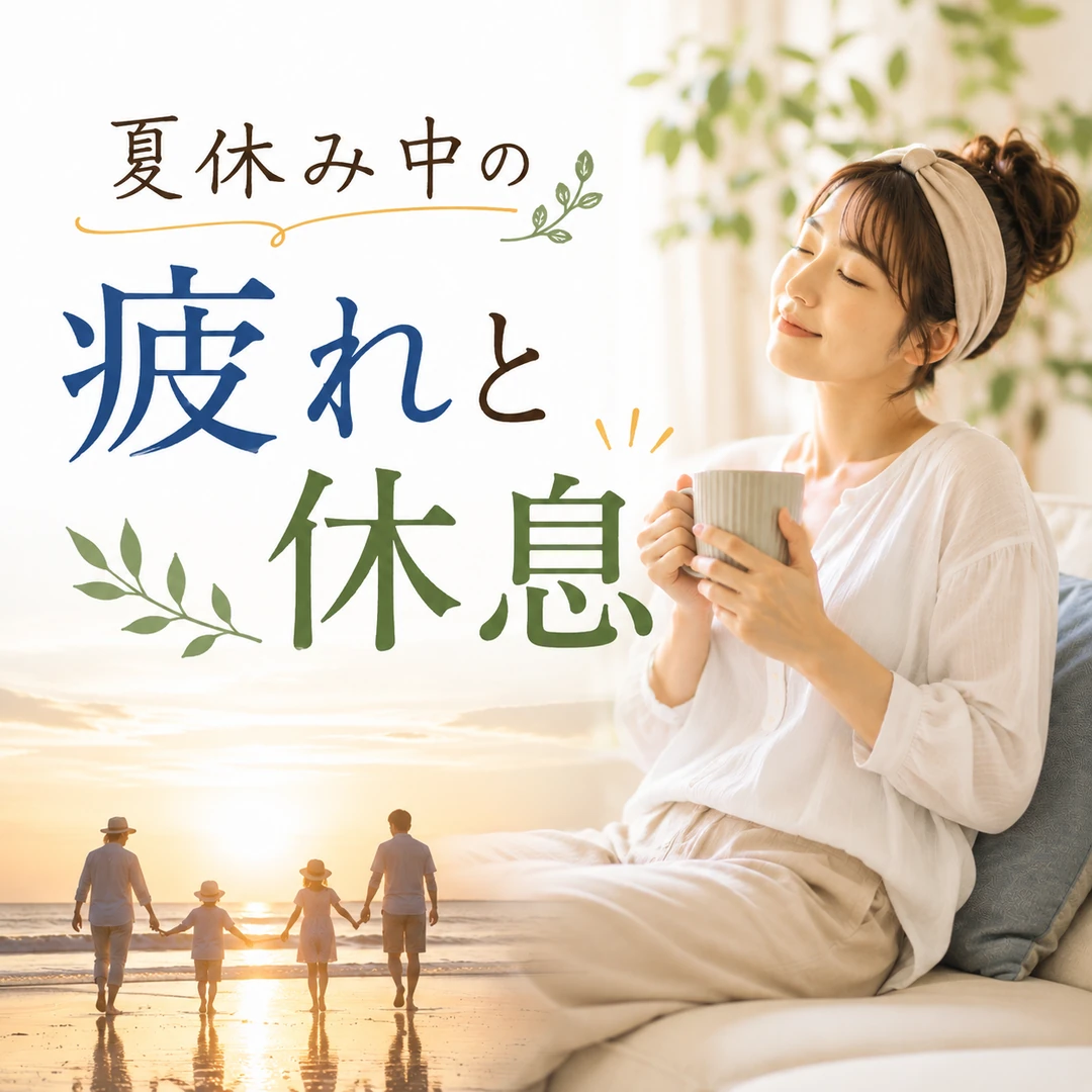 夏休み中の忙しさから自分のための休息時間を大切にする女性と家族のイメージ