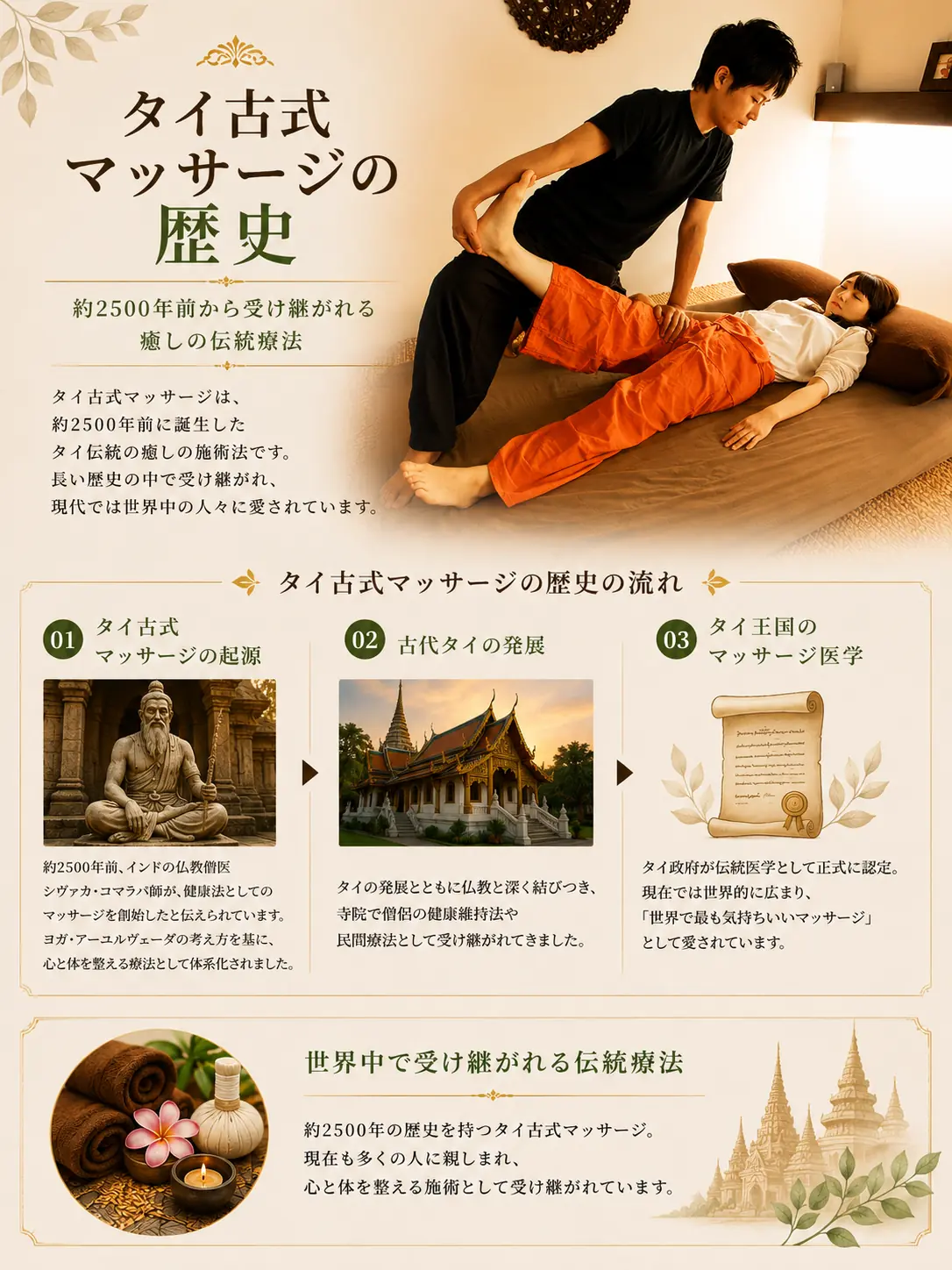 約2500年前から受け継がれるタイ古式マッサージの歴史を紹介する画像