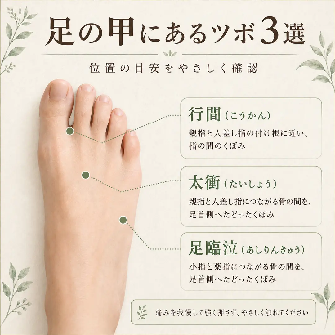 足の甲にある太衝・行間・足臨泣の位置の目安と強く押さない触れ方を紹介するシエスタ瀬戸西店の画像