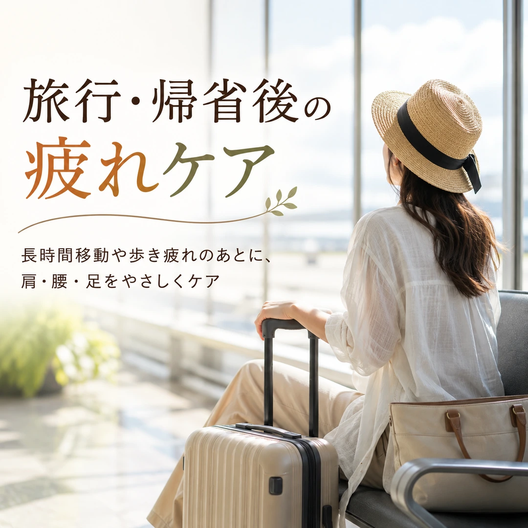 旅行や帰省後の長時間移動や歩き疲れによる肩・腰・足の疲れをイメージした画像