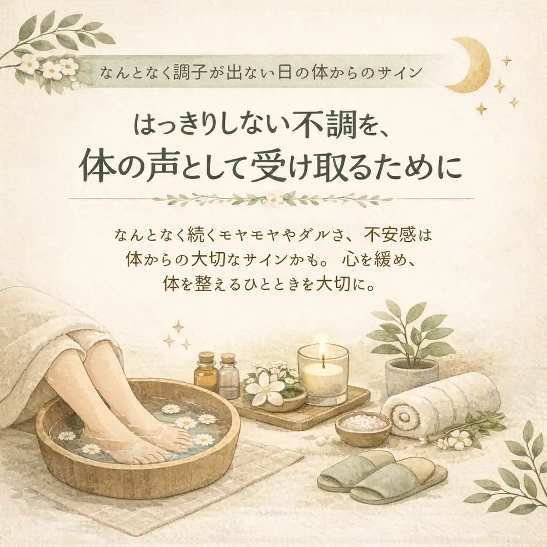 なんとなく調子が出ない日に感じる体の重さや疲れについて紹介するシエスタ瀬戸西店のイラスト
