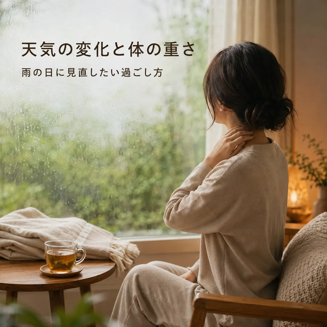 雨の日に窓辺で首を休めながら天気の変化による体の重さを見直す女性の後ろ姿