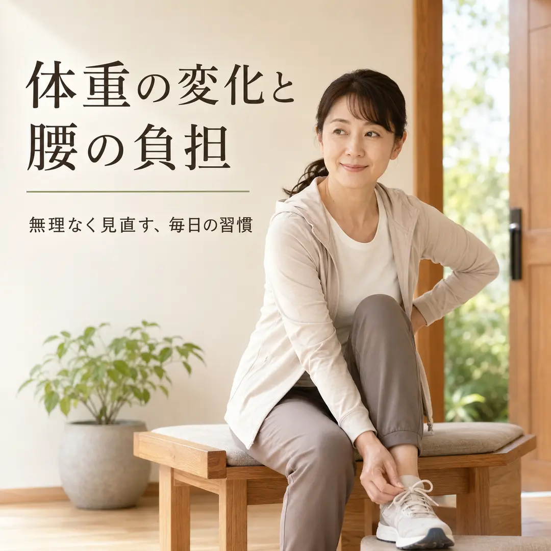 体重の変化と腰の負担を考えながら歩く準備をする40代女性のイメージ