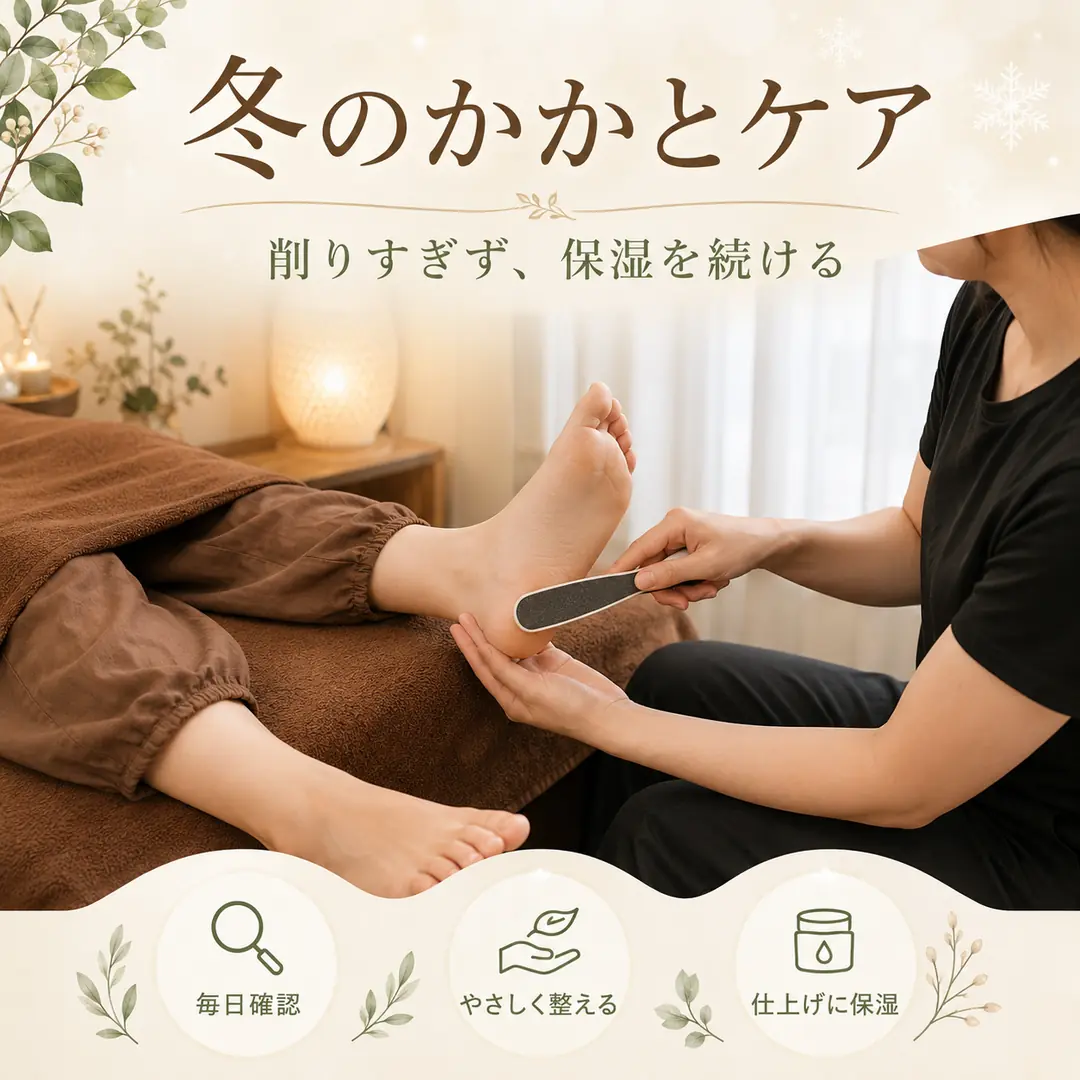冬のかかとの乾燥や硬さを確認し、削りすぎを避けて保湿する足裏角質ケアの案内画像
