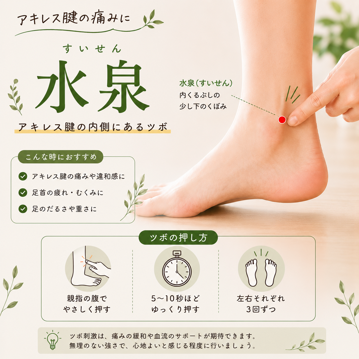 瀬戸市のリラクゼーション シエスタ｜アキレス腱のツボ「水泉（すいせん）」の位置と押し方