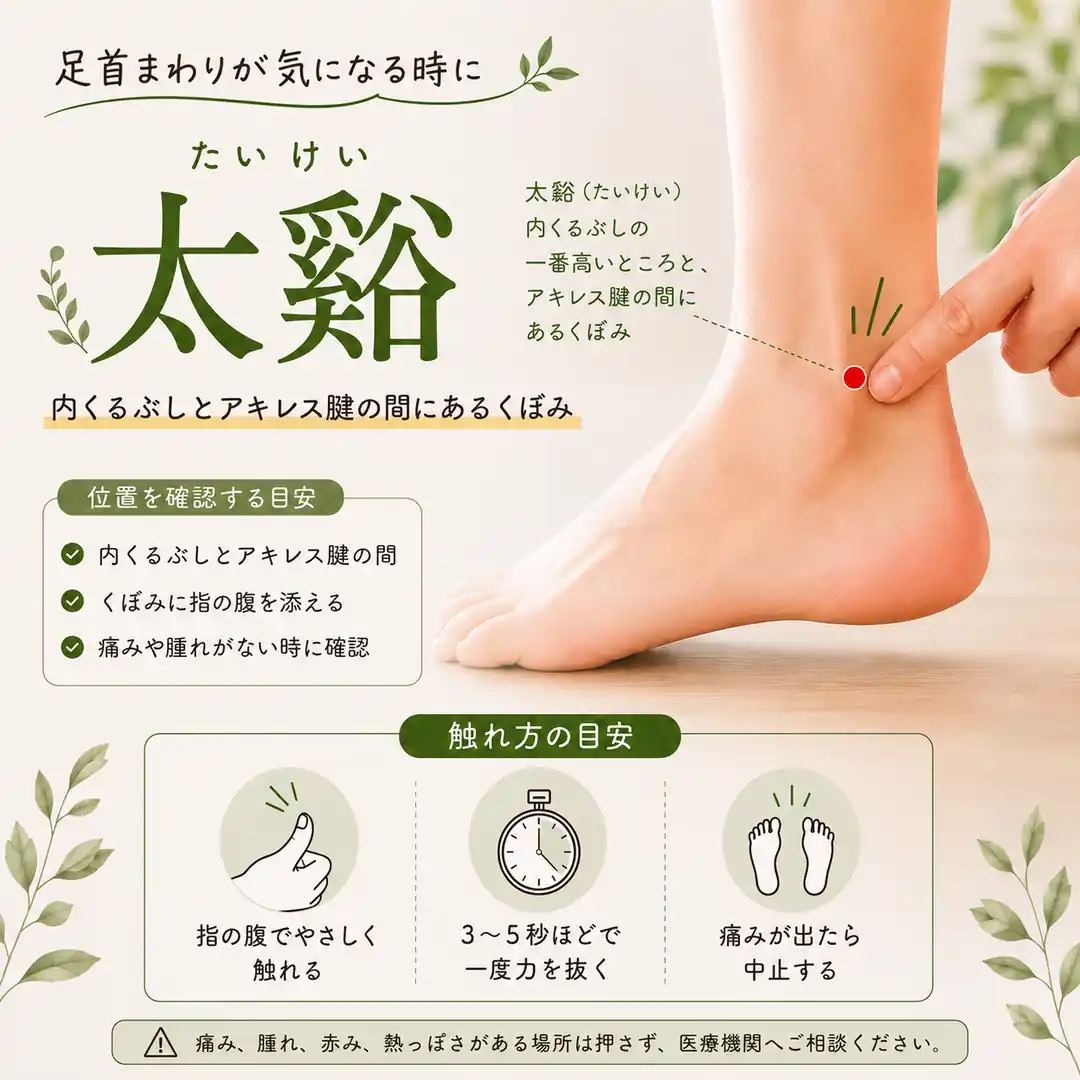 内くるぶしとアキレス腱の間にある太谿の位置と触れ方の目安を紹介する画像