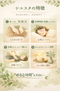 瀬戸市のリラクゼーションルーム シエスタの施術特徴紹介画像。慢性的な肩こり・首こり・腰痛や自律神経の乱れを整える、深層アプローチと全身バランス調整、リラックス空間をベージュとくすみグリーンで表現