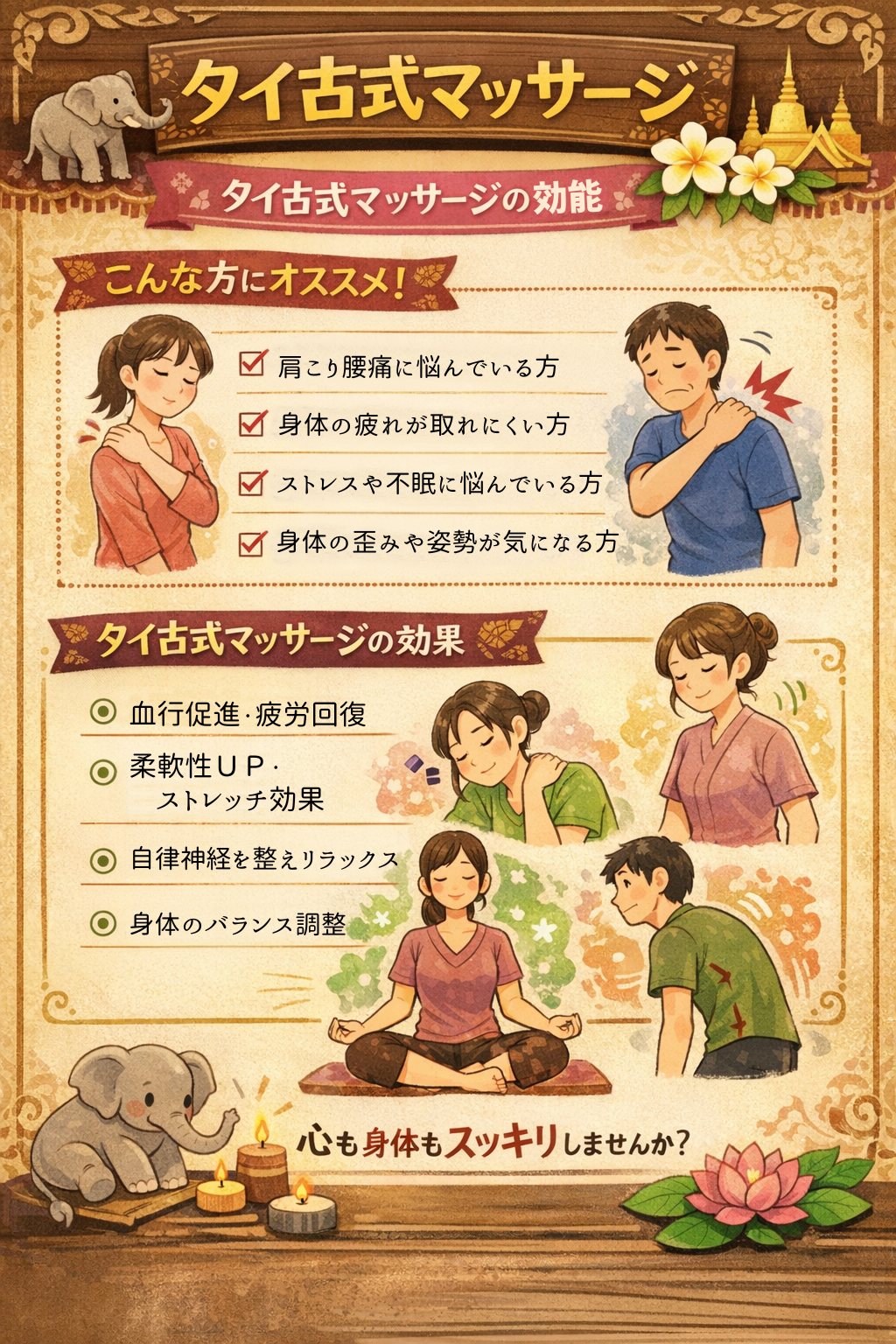 瀬戸市のリラクゼーションルーム シエスタ|タイ古式マッサージの効果(肩こり・腰痛・自律神経ケア)を説明するイラスト