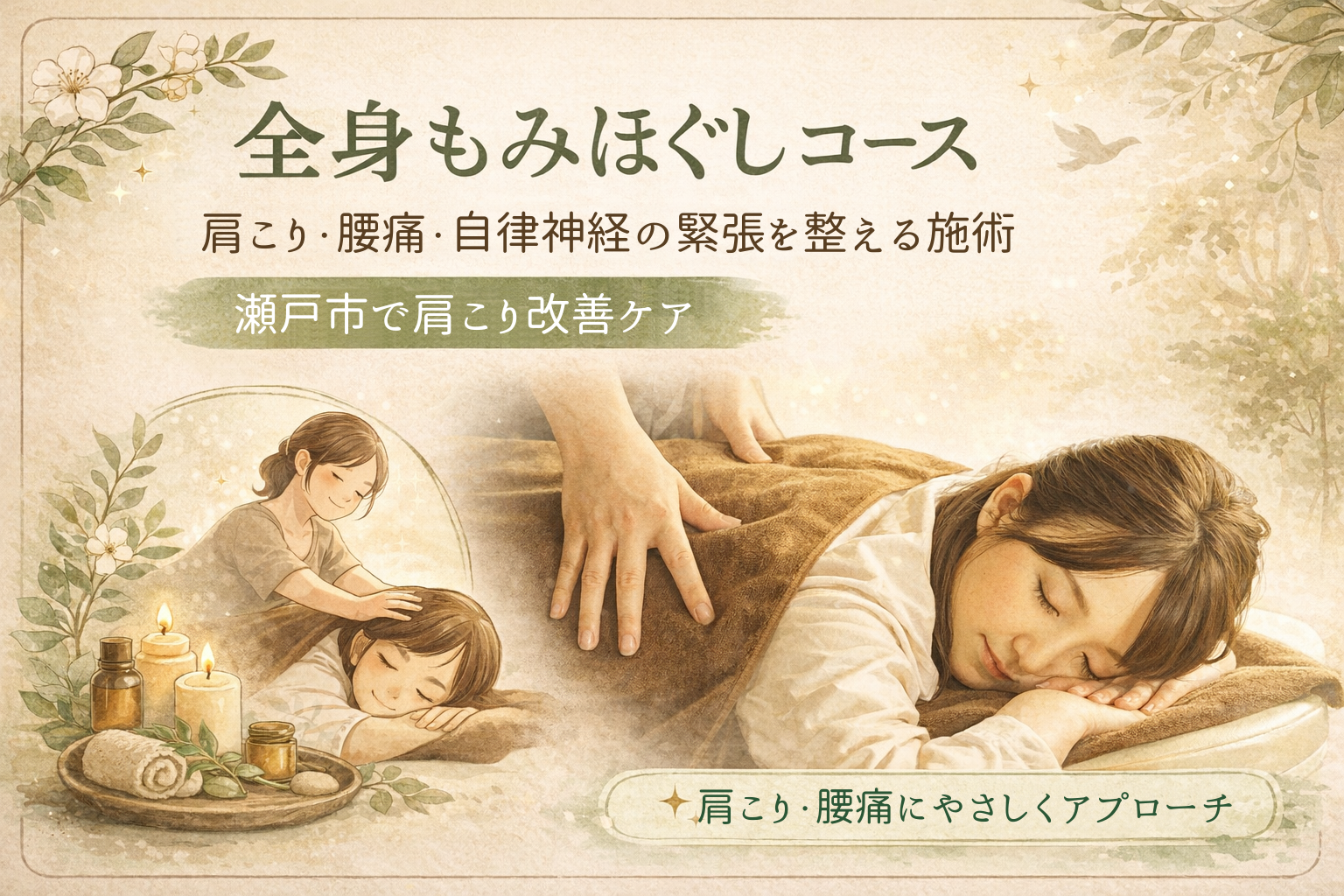 瀬戸市のリラクゼーションルーム シエスタ｜全身もみほぐしコースで肩こり・腰痛・自律神経の緊張を整える施術イメージ