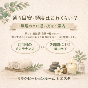 リラクゼーションルームシエスタの通う目安・頻度案内画像|肩こり・疲労感・自律神経ケアに月1回メンテナンスや2週間に1回の集中ケアを提案